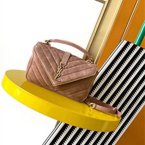 Y.S.L COLLEGE Mini BAG IN QUILTED Suede Leather Gold Tone Metal Pink Color