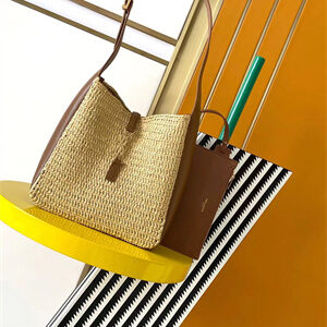 Y.S.L LE 5 A 7 SMALL HOBO BAG In Brown Leather & Raffia