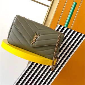 Y.S.L LOULOU Medium in MATELASSÉ lambskin Gold Tone Metal Dk Strong Moss