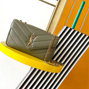 Y.S.L LOULOU Small in MATELASSÉ lambskin Gold Tone Metal Dk Strong Moss