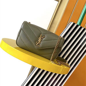 Y.S.L LOULOU Mini in MATELASSÉ lambskin Gold Tone Metal Dk Strong Moss