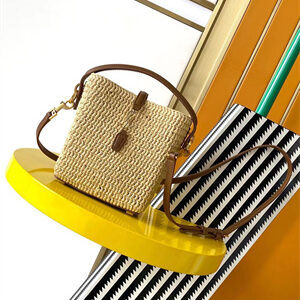 Y.S.L LE 37 Mini In Brown Shiny Leather & Raffia Bucket Bag
