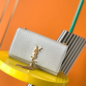 Y.S.L KATE MEDIUM TASSEL IN CROCODILE EMBOSSED Leather Gold Tone Metal White Color