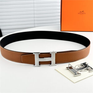Hermes Men's Reversible Belt 38MM Calfskin Leather Silver Tone Hardware Brown/Black