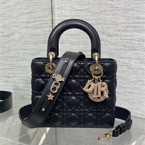 CD Small Lady Di.or My ABCDior Bag Cannage Lambskin Gold Tone Metal With Pearl Charm Black