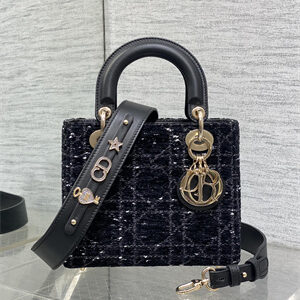 CD Small Lady Di.or My ABCDior Bag Black Tweed with White Cannage Motif Gold Tone Metal