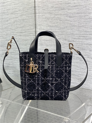 CD Small TOUJOURS Vertical Tote Bag Black Tweed with White Cannage Motif - Image 2