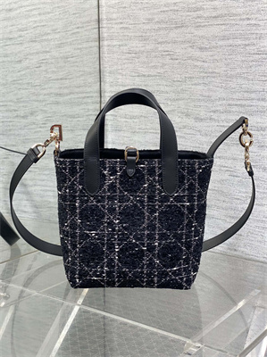 CD Small TOUJOURS Vertical Tote Bag Black Tweed with White Cannage Motif - Image 4