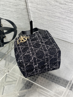 CD Small TOUJOURS Vertical Tote Bag Black Tweed with White Cannage Motif - Image 7