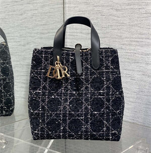 CD Medium TOUJOURS Vertical Tote Bag Black Tweed with White Cannage Motif