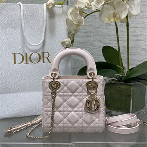 CD Mini Lady Dior Bag Cannage Lambskin Gold Tone Metal Sakura Pink
