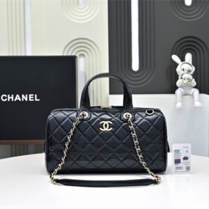 Cha.nel Large Bowling Bag Grained Shiny Calfskin & Gold-Tone Metal Black AS5579