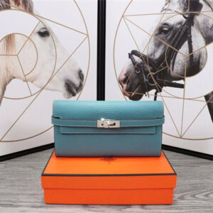 Her.mes Kelly Classic Wallet Calfskin Blue Jean Color Silver tone Metal