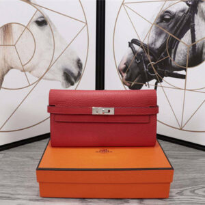 Her.mes Kelly Classic Wallet Calfskin Red Color Silver tone Metal