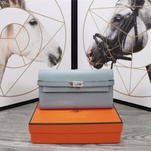 Her.mes Kelly Classic Wallet Calfskin Blue Lin Color Silver tone Metal