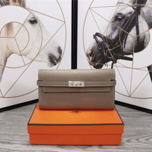 Her.mes Kelly Classic Wallet Calfskin Etoupe Color Silver tone Metal