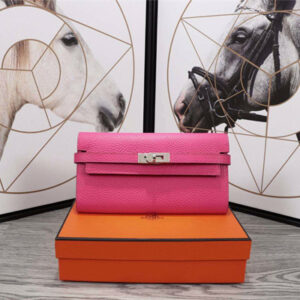 Her.mes Kelly Classic Wallet Calfskin Pink Color Silver tone Metal