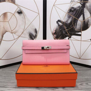 Her.mes Kelly Classic Wallet Calfskin Rose Sakura Color Silver tone Metal