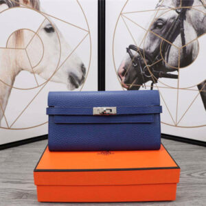 Her.mes Kelly Classic Wallet Calfskin Bleu Electric Color Silver tone Metal