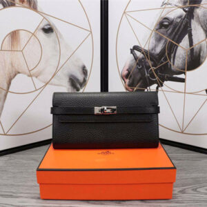 Her.mes Kelly Classic Wallet Calfskin Black Color Silver tone Metal