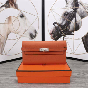 Her.mes Kelly Classic Wallet Calfskin Orange Color Silver tone Metal