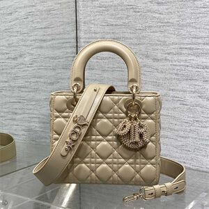 CD Small Lady Di.or My ABCDior Bag Cannage Lambskin Gold Tone Metal With Pearl Charm Beige