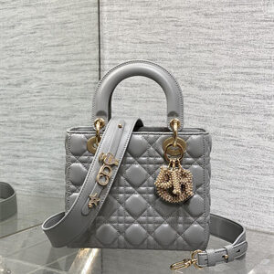 CD Small Lady Di.or My ABCDior Bag Cannage Lambskin Gold Tone Metal With Pearl Charm Grey