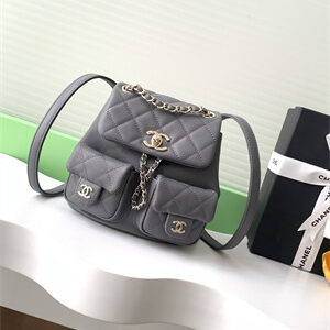 Cha.nel Duma Backpack Grained Calfskin Gold Tone Metal Grey AS3860