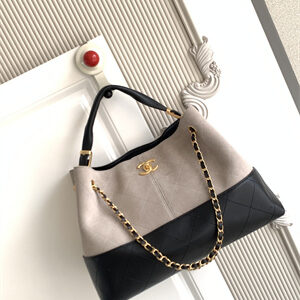 Chanel Small Shopping Bag Suede Calfskin, Shiny Lambskin & Gold-Tone Metal Grey & Black AS5634
