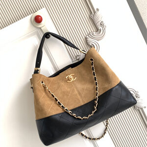 Chanel Small Shopping Bag Suede Calfskin, Shiny Lambskin & Gold-Tone Metal  Beige & Black  AS5634