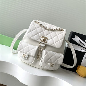 Cha.nel Duma Backpack Grained Calfskin Gold Tone Metal White AS3860