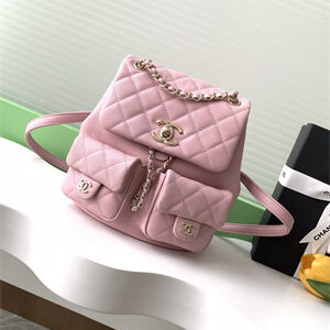 Cha.nel Duma Backpack Grained Calfskin Gold Tone Metal Lt Pink AS3860