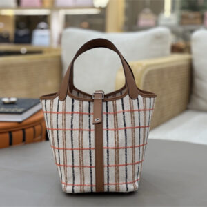 Picotin Lock 18 Bag in H canvas and Swift calfskin with "Couverture Carre" embroidery Gold HS