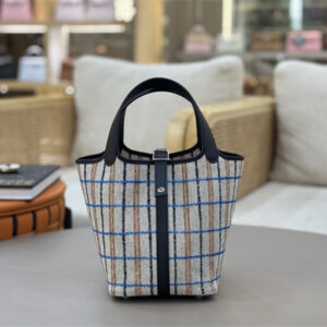 Picotin Lock 18 Bag in H canvas and Swift calfskin with "Couverture Carre" embroidery Black HS