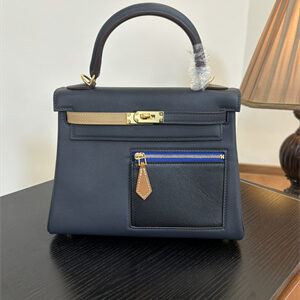 Kelly Colormatic Bag Swift Leather 25/28CM Gold/Silver Hardware In Bleu Marine, Black, Chai, Gold and Etoupe Color HS