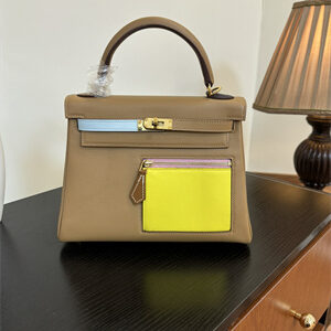 Kelly Colormatic Bag Swift Leather 25/28CM Gold/Silver Hardware In CHAI, LIME, MAUVE SYLVESTRE, BLEU BRUME, CASSIS & NATA Color HS
