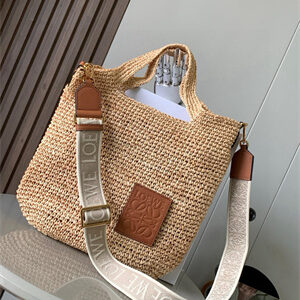 Loewe Slit Mini Tote Bag In Raffia &Calfskin Nature&Tan