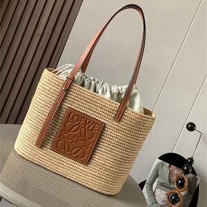 Loewe Small Square basket in Raffia&Calfskin Nature/Tan