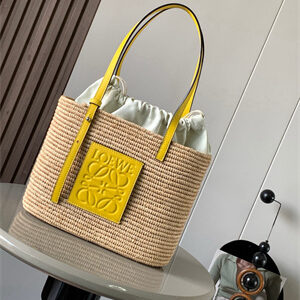 Loewe Small Square basket in Raffia&Calfskin Nature/Yellow