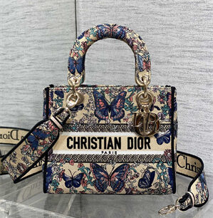 CD Medium Lady D-Lite Bag  Embroidery Beige Multicolors