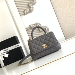 Cha.nel Mini Coco Handle Bag Grained Calfskin Aged Gold Metal Grey AS2215