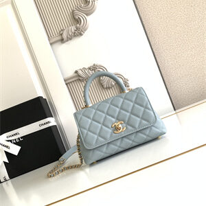 Cha.nel Mini Coco Handle Bag Grained Calfskin Aged Gold Metal Blue AS2215