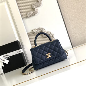 Cha.nel Mini Coco Handle Bag Grained Calfskin Aged Gold Metal Navy AS2215