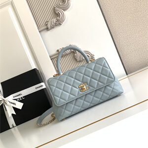 Cha.nel Small Coco Handle Bag Grained Calfskin Aged Gold Metal Blue A92990