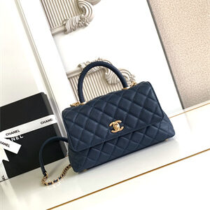Cha.nel Small Coco Handle Bag Grained Calfskin Aged Gold Metal Navy A92990