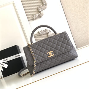 Cha.nel Large Coco Handle Bag Grained Calfskin Aged Gold Metal Grey A92991