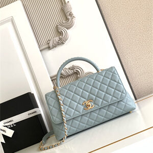 Cha.nel Large Coco Handle Bag Grained Calfskin Aged Gold Metal Blue A92991