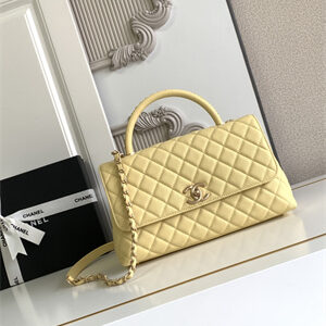 Cha.nel Large Coco Handle Bag Grained Calfskin Aged Gold Metal Yellow A92991