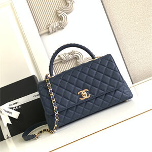 Cha.nel Large Coco Handle Bag Grained Calfskin Aged Gold Metal Navy A92991