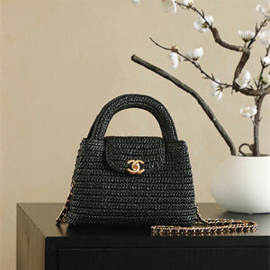 Cha.nel Mini Shopping Bag Kelly Bag Raffia Gold-Tone Metal Black AS4416